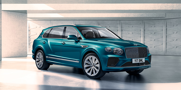 Bentley Busan Bentley Bentayga Extended Wheelbase Azure SUV front three quarter in Topaz blue paint colour with a grey background